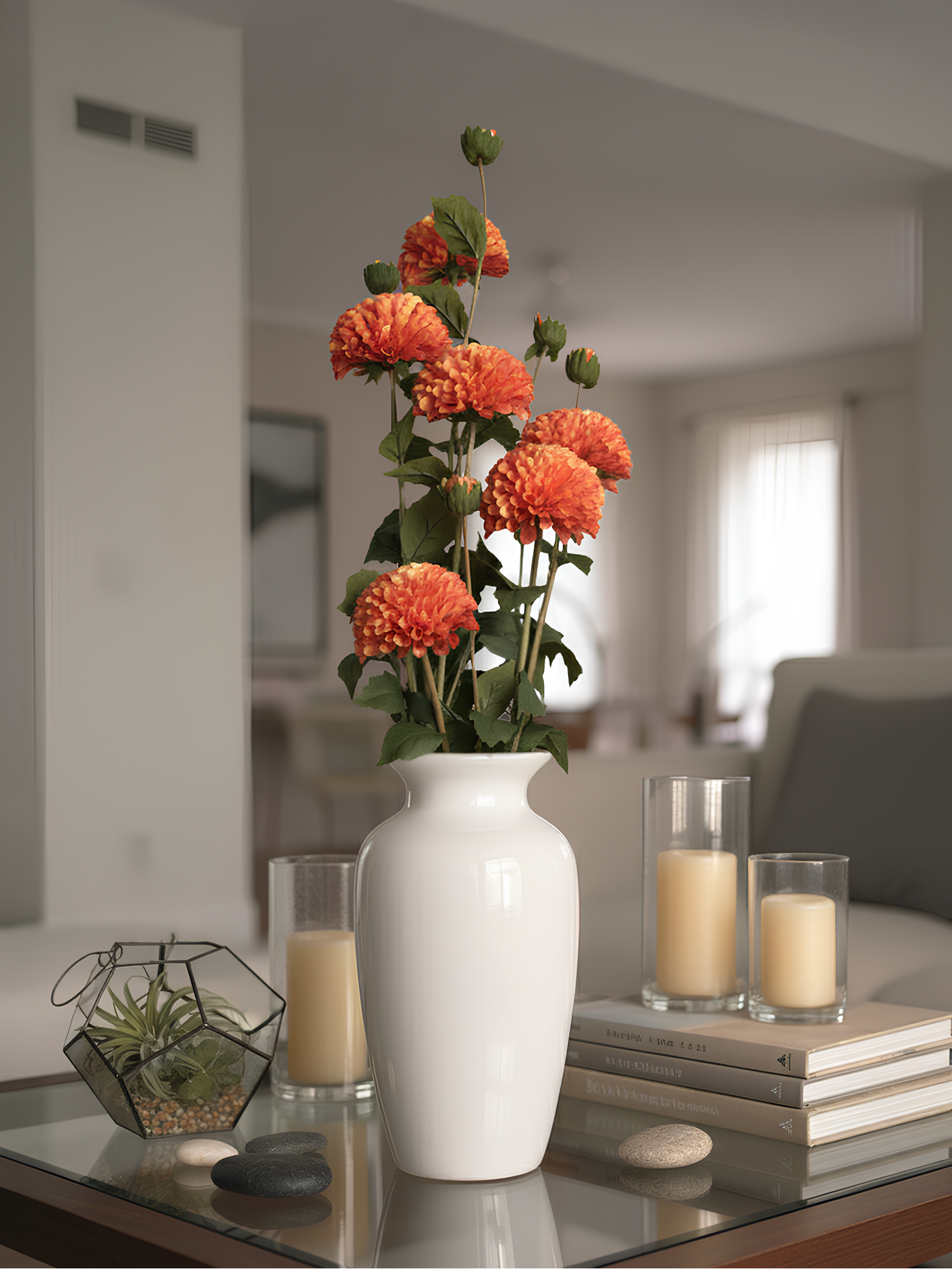 Dalia artificial Amaranton de 81 cm con una flor pequeña y un capullo - Naranja