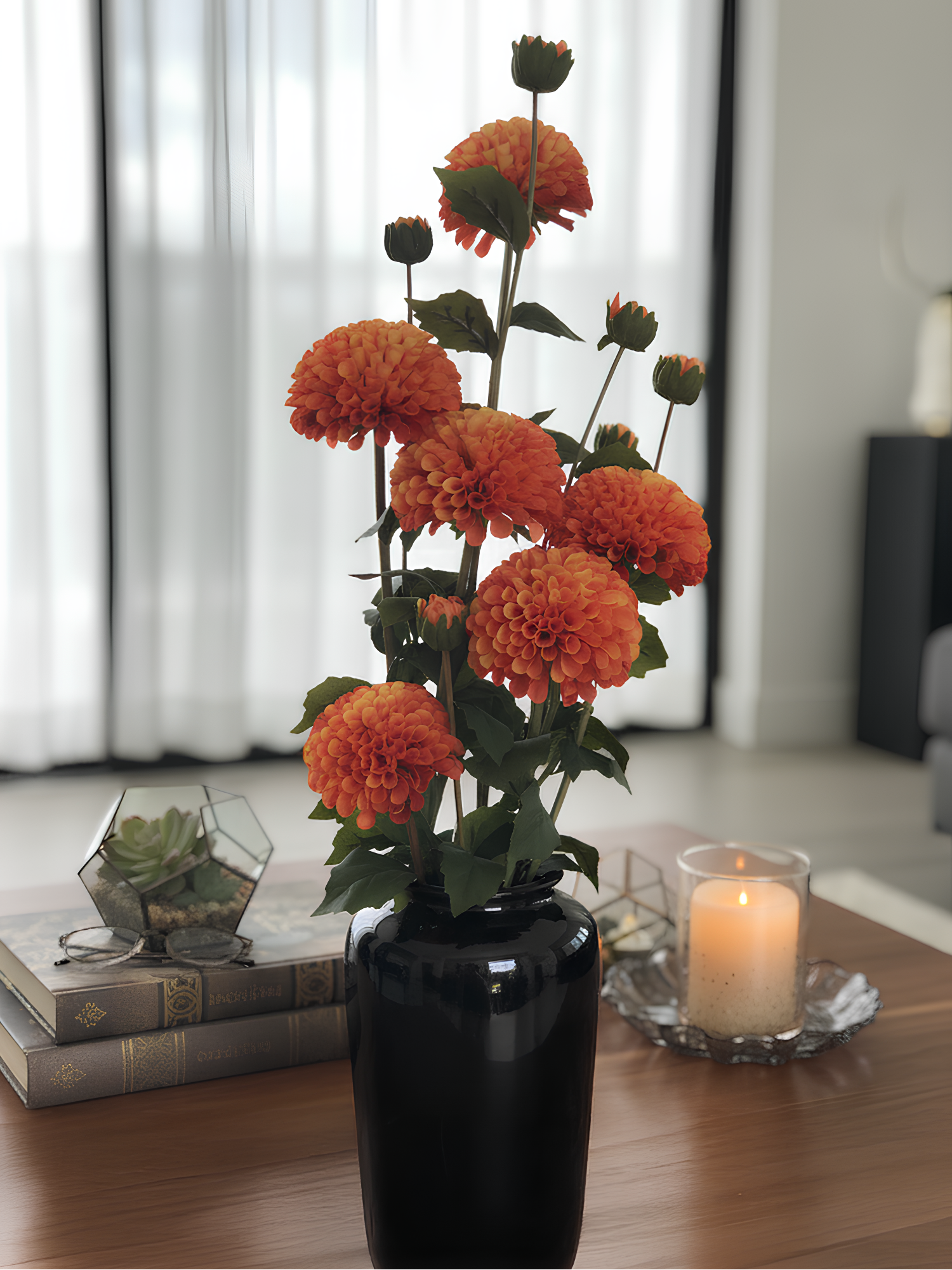 Dalia artificial Amaranton de 81 cm con una flor pequeña y un capullo - Naranja