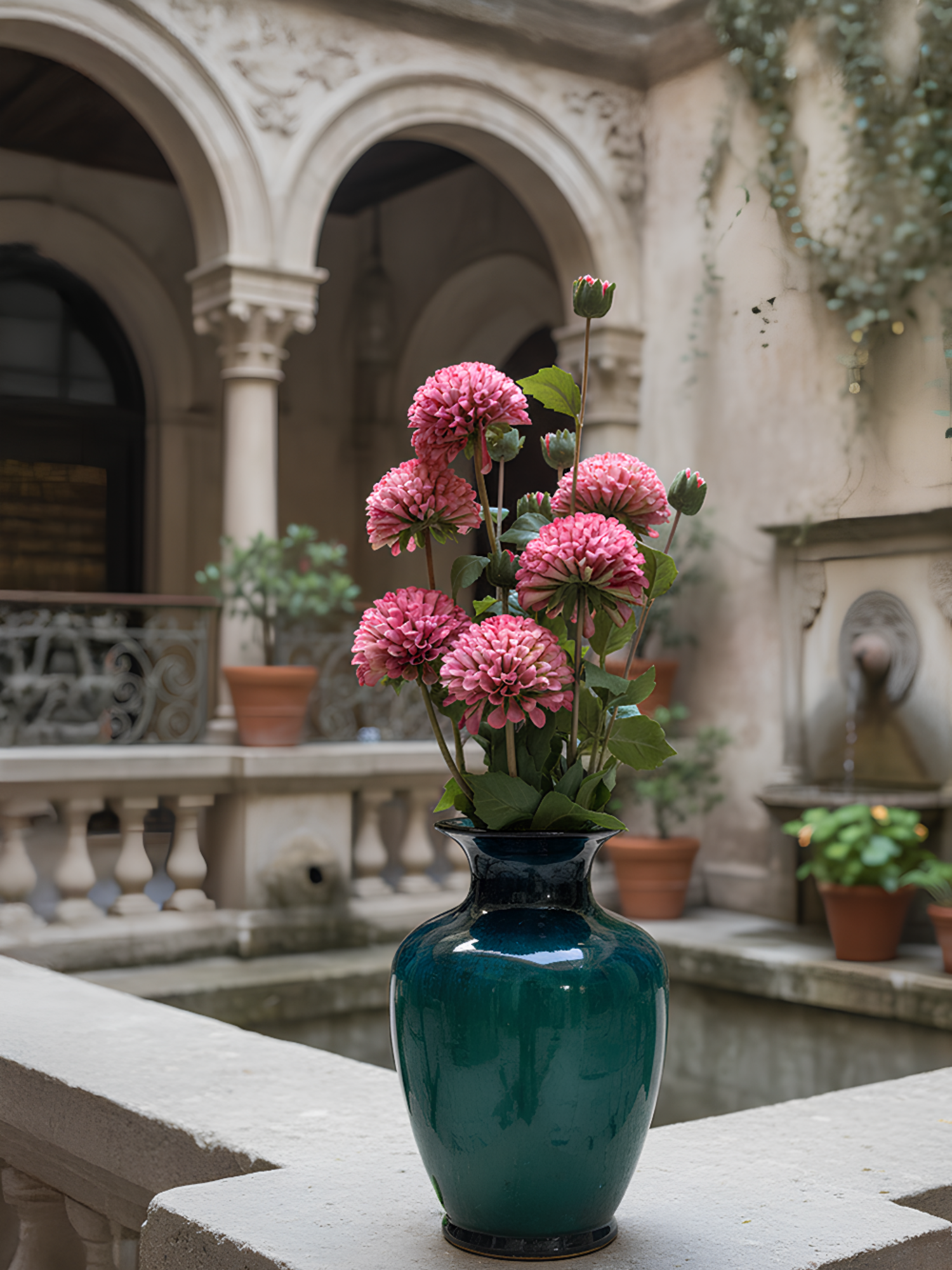 Dalia artificial Amaranton de 81 cm con una flor pequeña y un capullo - Rosa intenso