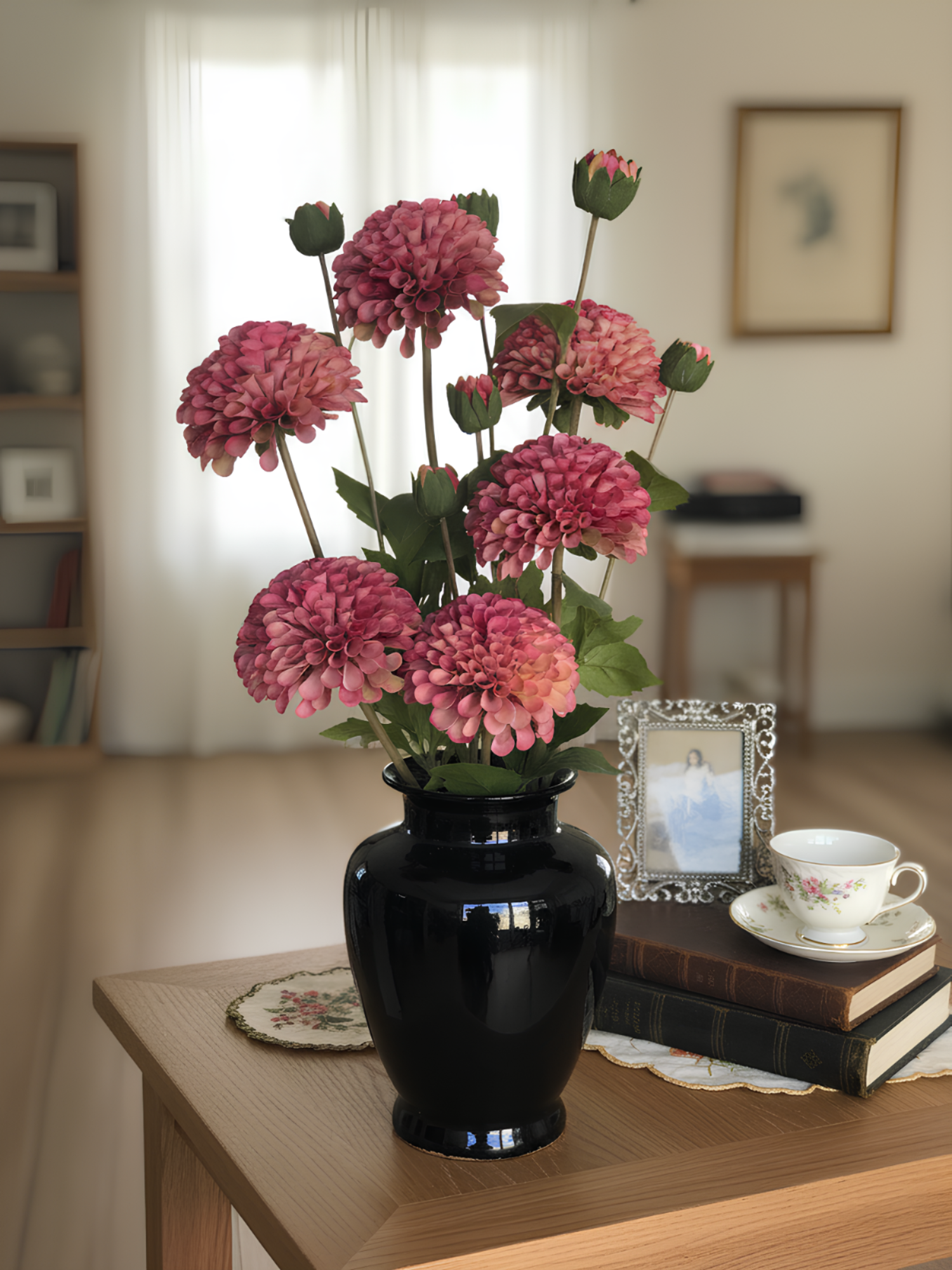 Dalia artificial Amaranton de 81 cm con una flor pequeña y un capullo - Rosa intenso