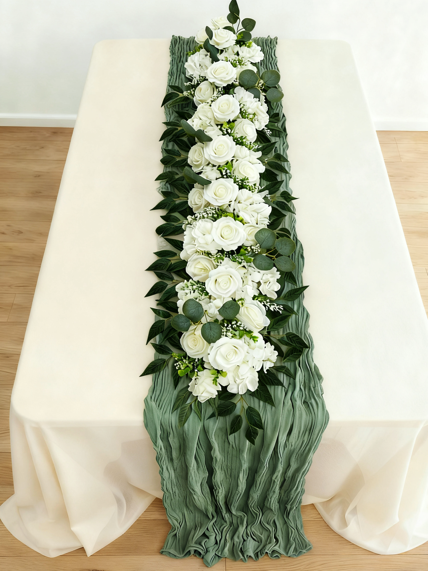 42.5" White Rose & Eucalyptus Faux Floral Table Arrangement