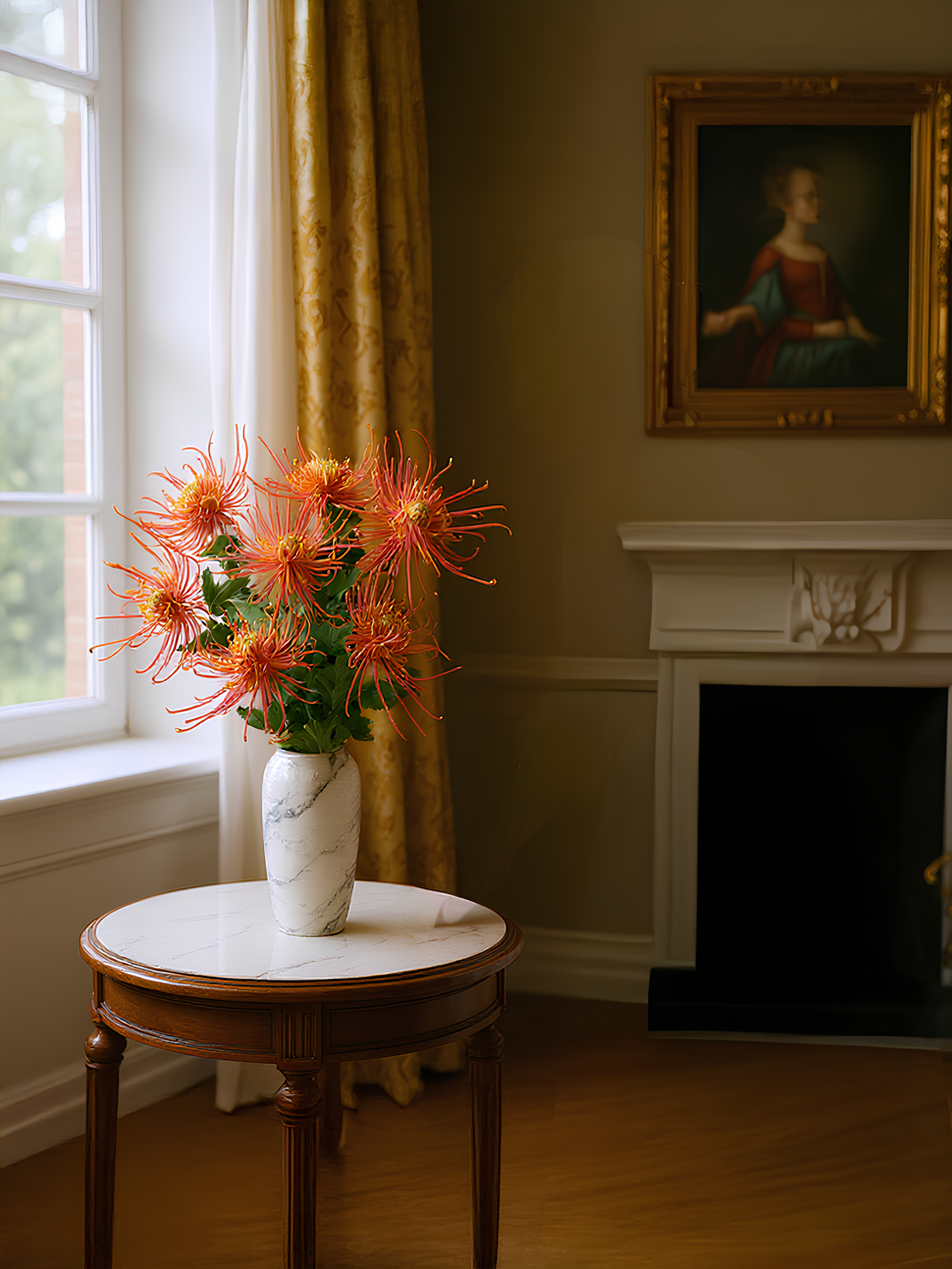 Crisantemo realista de 30" con forma de árboles ardientes - Naranja