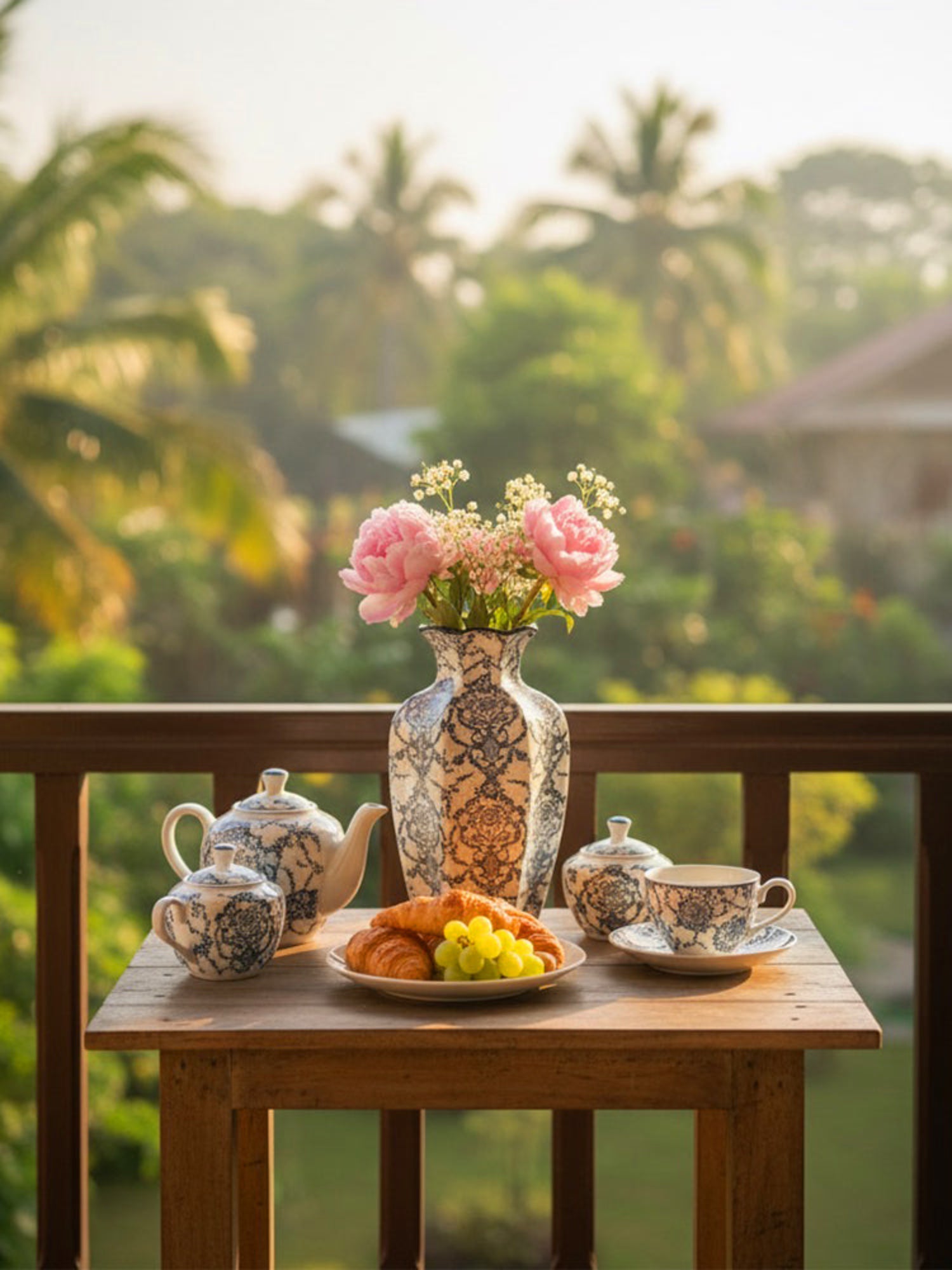 Jarrón Amaranton de 9" con balaustre festoneado chinoiserie azul 