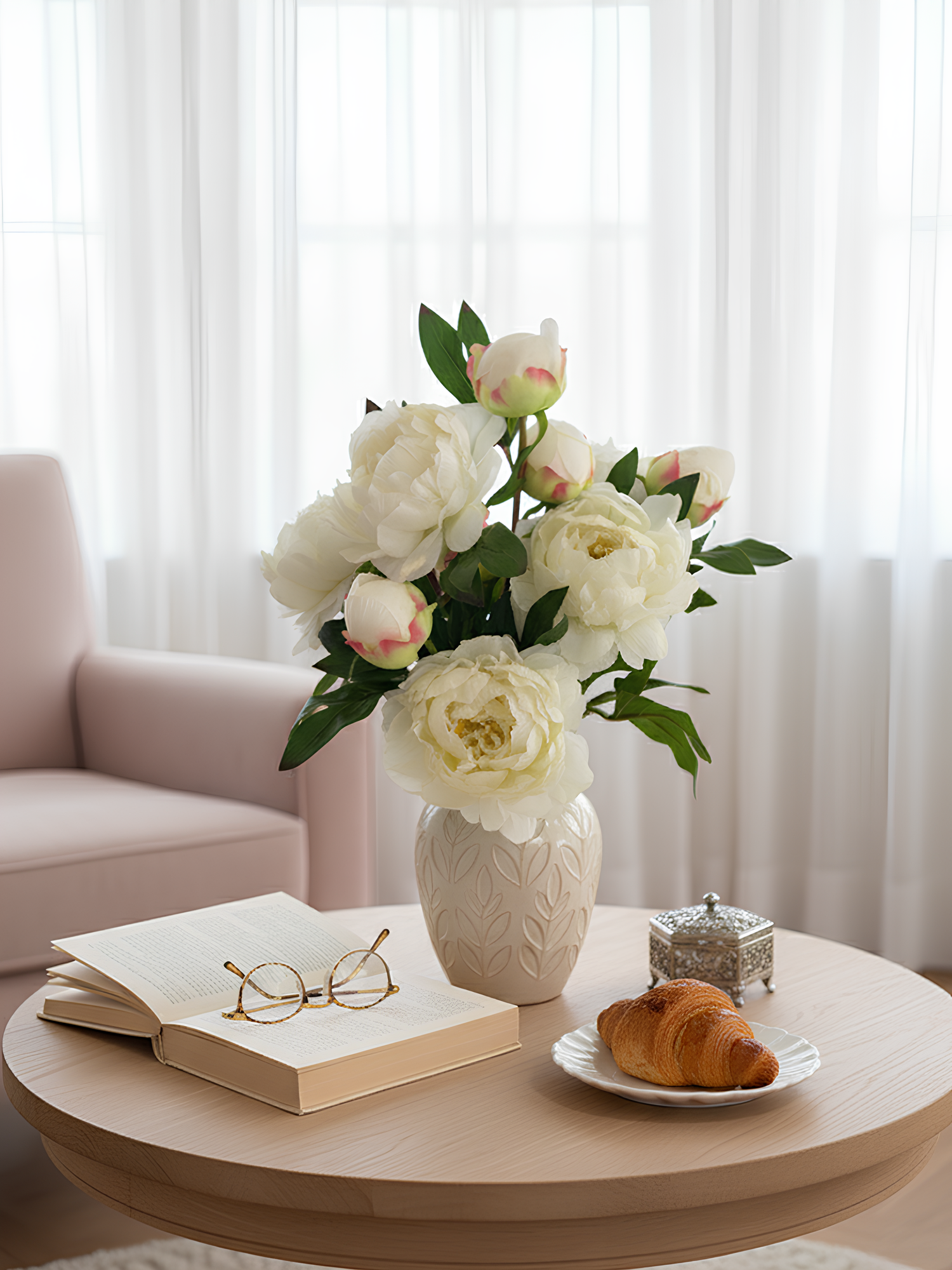 Amaranton™ 25" Realistica™ Peony with 1 Bloom and 1 Bud - White