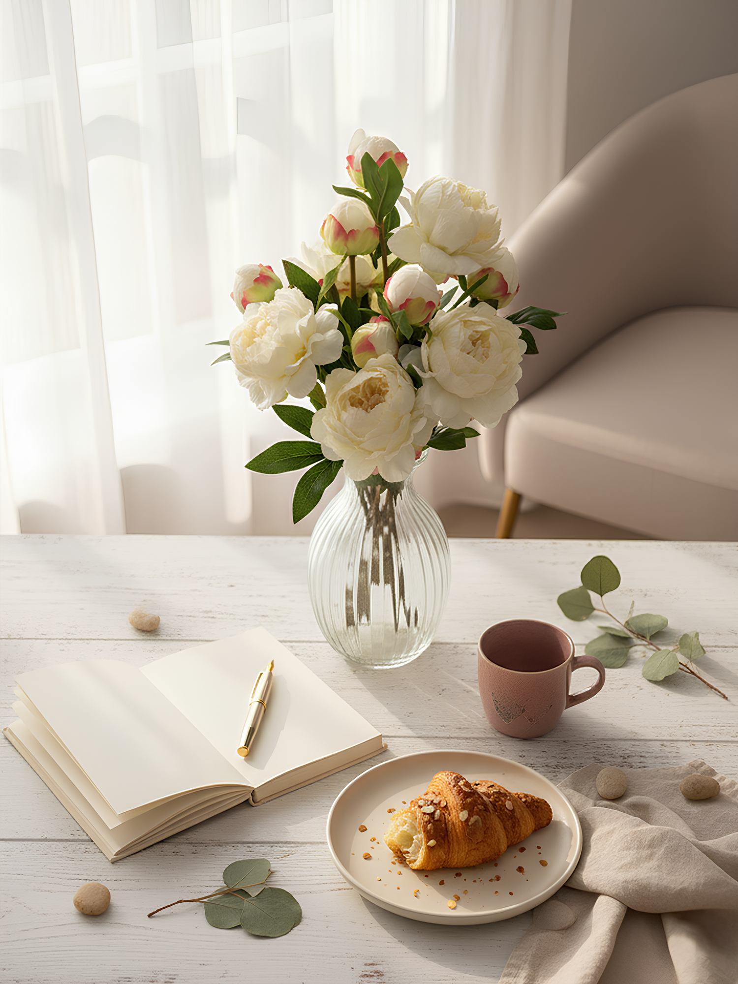 Amaranton™ 25" Realistica™ Peony with 1 Bloom and 1 Bud - White