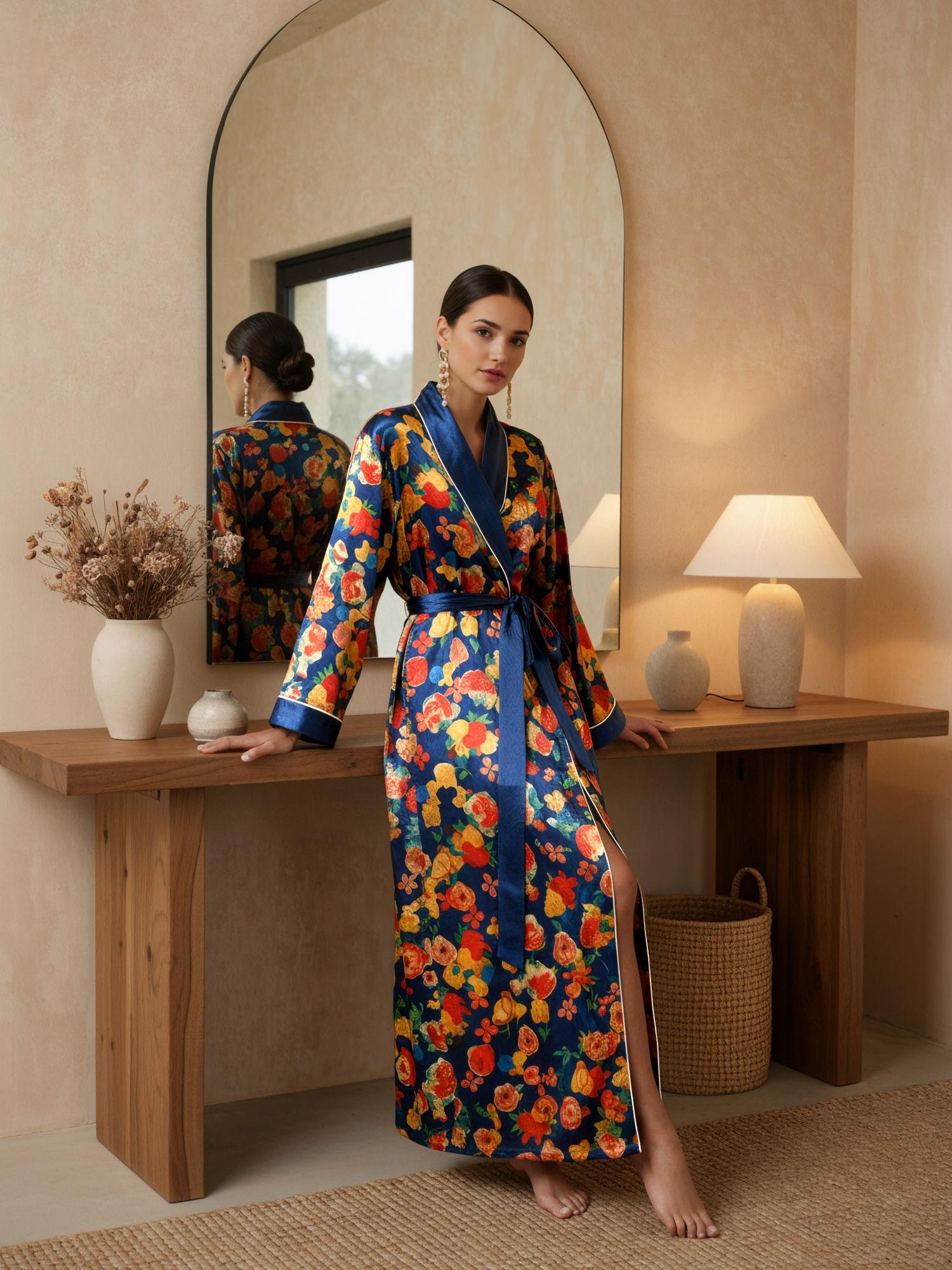 Luxury Floral™ | Velvet Long Robe Morning Loungewear - Blue