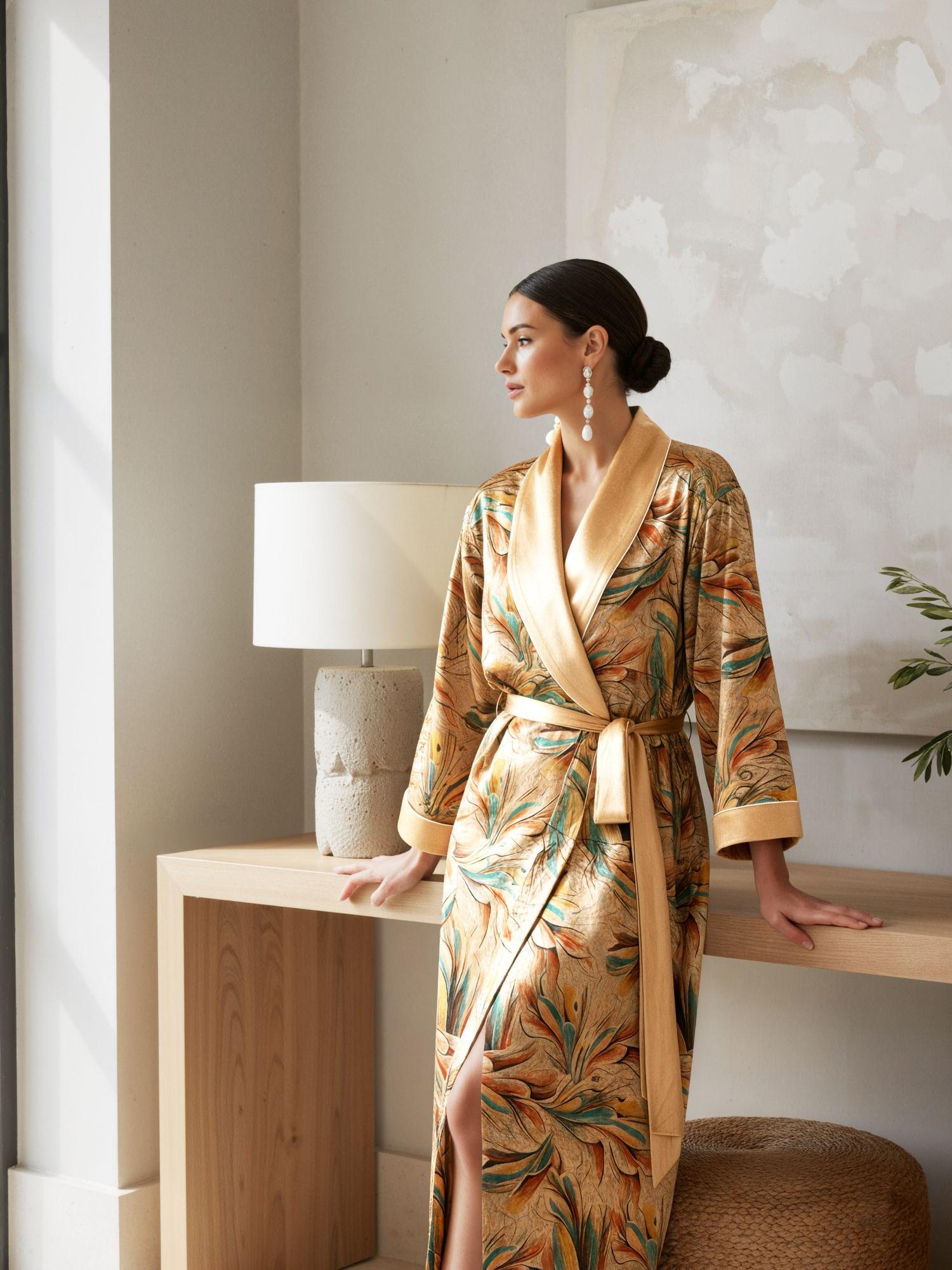 Luxury Floral™ | Velvet Long Robe Morning Loungewear - khaki