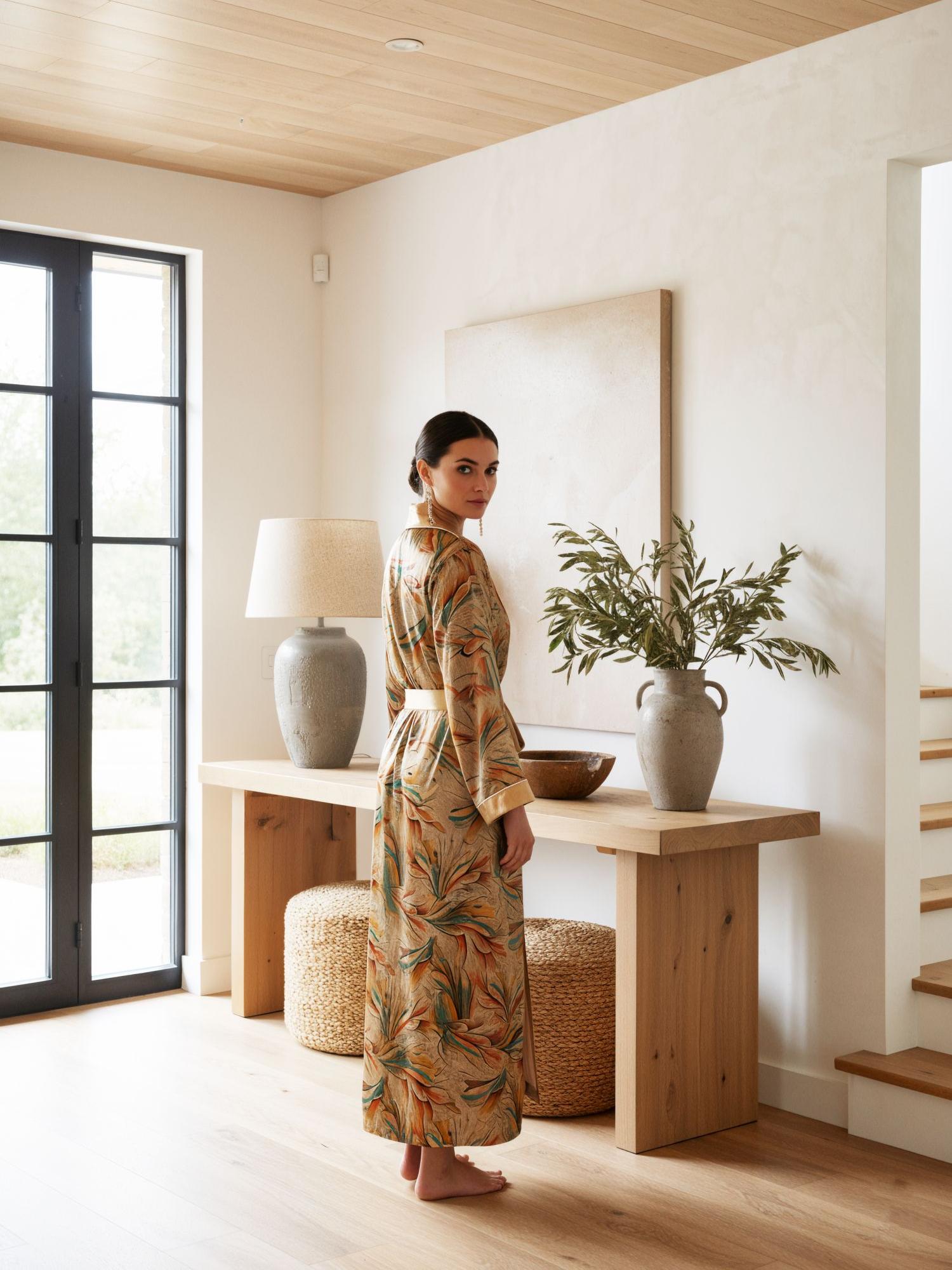 Luxury Floral™ | Velvet Long Robe Morning Loungewear - khaki